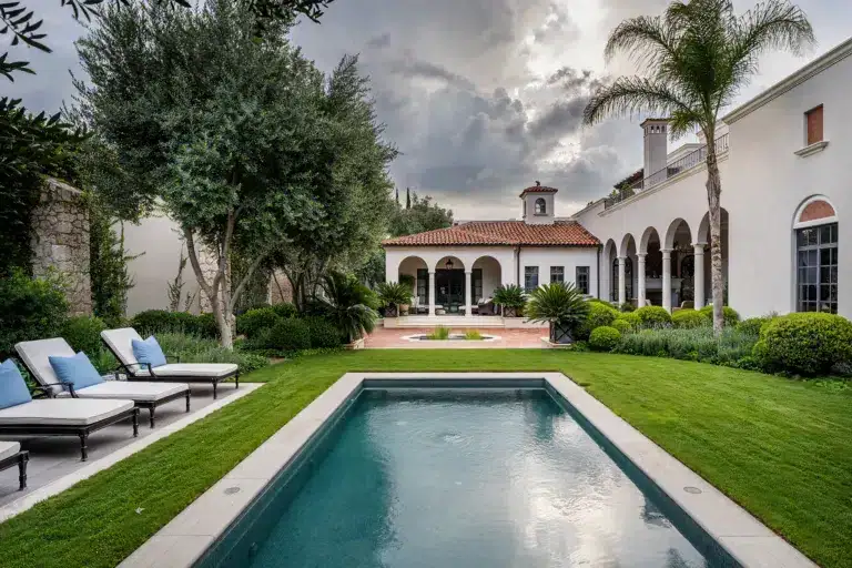 Luxurious Mediterranean-style villa with arched colonnade, palm trees, and a rectangular pool in a manicured garden.