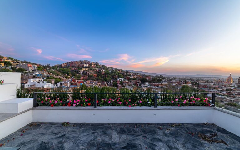 Rooftop terrace with a flower-filled planter and black railing overlooking a hillside city at sunset.