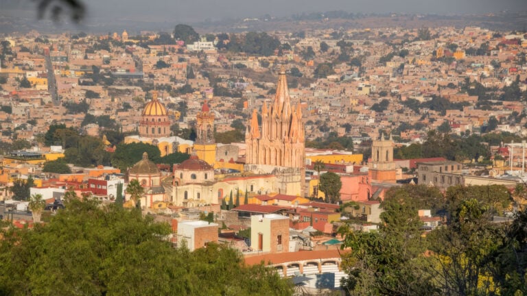 Panoramic cityscape with a pink Gothic cathedral and yellow-domed church amid dense tan buildings; desert hills in the background.