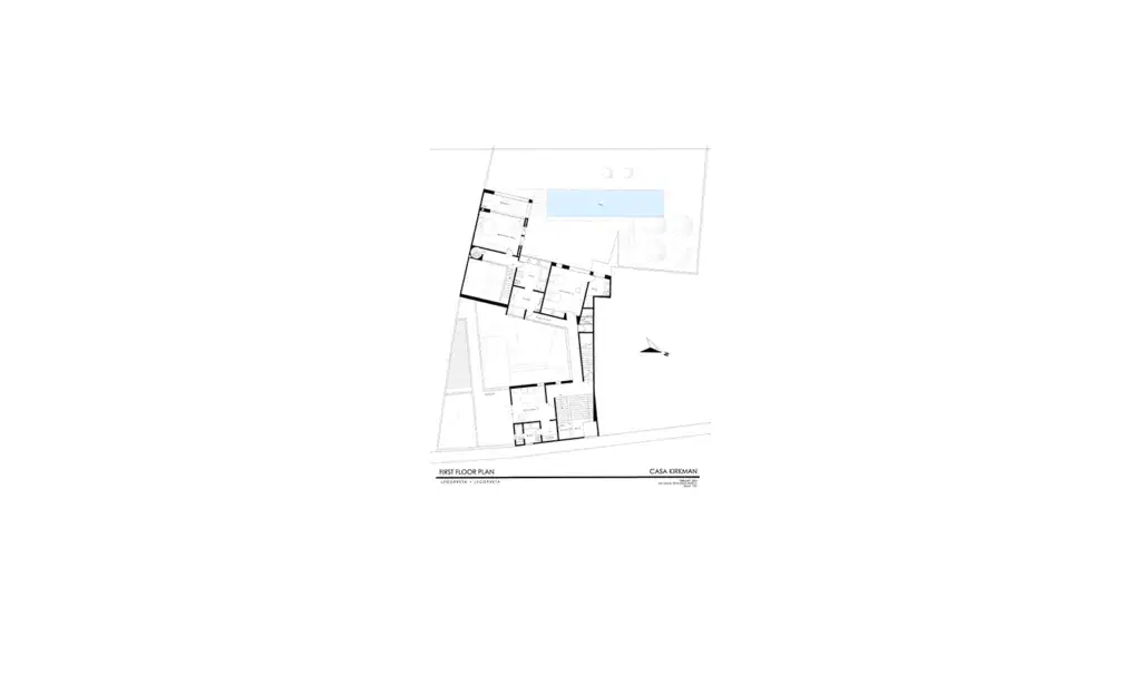 First floor plan of a house showing room layout, walls in black, and a rectangular outdoor pool area at the top center labeled Casa Kirkman, San Miguel de Allende