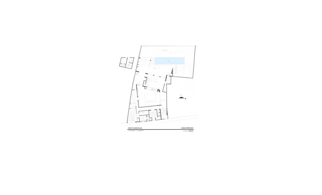 First floor plan of Casa Kirkman showing room layout and a blue rectangular pool area outside the main structure, San Miguel de Allende