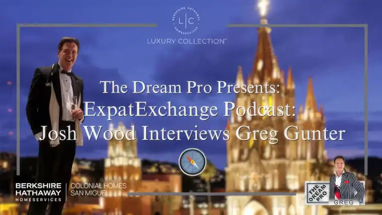 Promotional banner for The Dream Pro ExpatExchange Podcast: Josh Wood interviews Greg Gunter, with a city skyline backdrop.