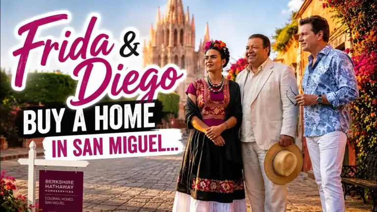 Thumbnail for a show: Frida & Diego buy a home in San Miguel, featuring three well-dressed adults on a sunny cobblestone street with a church in the background.