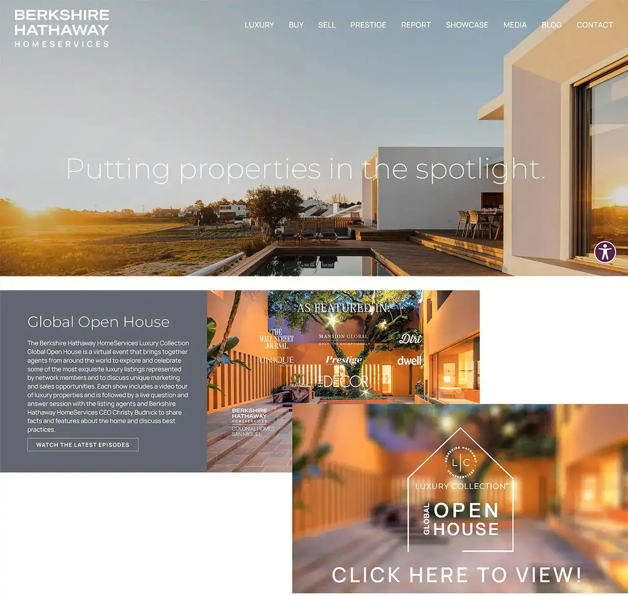 Sunset view of a modern white house with an outdoor deck and pool, branding for Berkshire Hathaway HomeServices and the tagline 'Putting properties in the spotlight.'