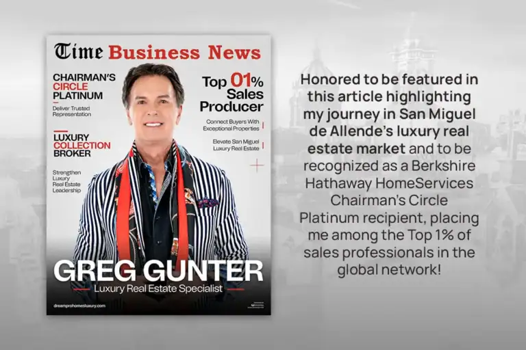 Magazine cover titled 'Time Business News' featuring Greg Gunter, Luxury Real Estate Specialist, with highlight phrases about top 1% sales producers; right side shows a blurred article intro text about his luxury real estate journey.