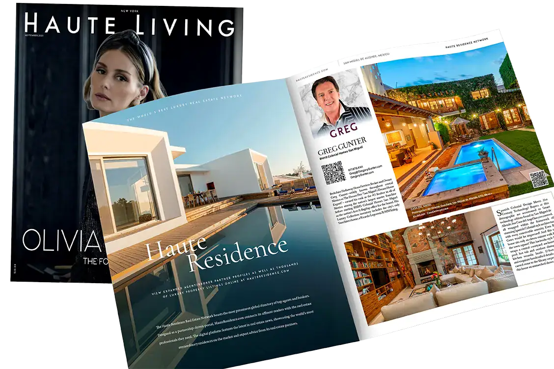 Collage of luxury real estate magazines: a glossy Haute Living cover with a woman's portrait, plus Haute Residence spread showing a modern villa with pool and interior photos with an agent profile.
