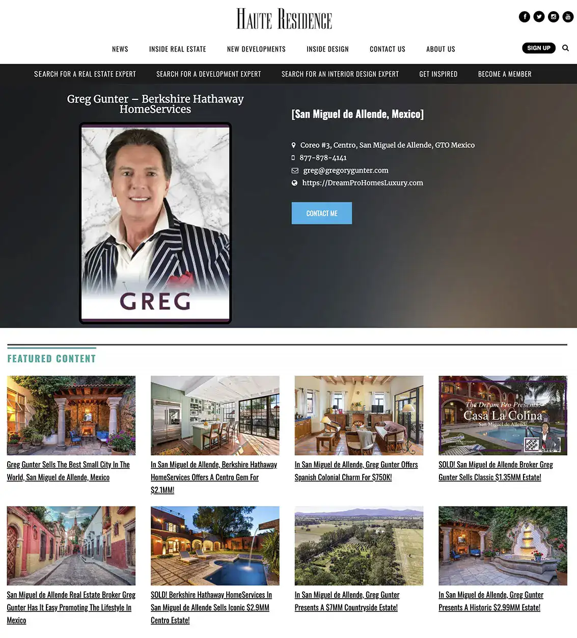 Profile header for Greg Gunter of Berkshire Hathaway HomeServices, San Miguel de Allende, Mexico, with contact details and a 'Contact Me' button.
