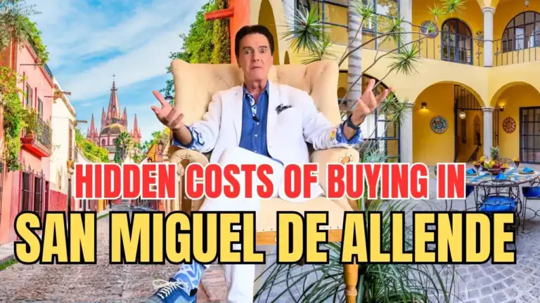 Man in a white suit sits in a beige chair in a colorful courtyard, with bold red and yellow text: 'Hidden costs of buying in San Miguel de Allende'.