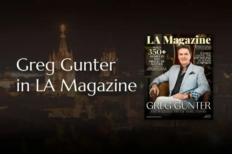 Promotional banner showing 'Greg Gunter in LA Magazine' over a night Los Angeles skyline, with a magazine cover of Greg Gunter on the right.
