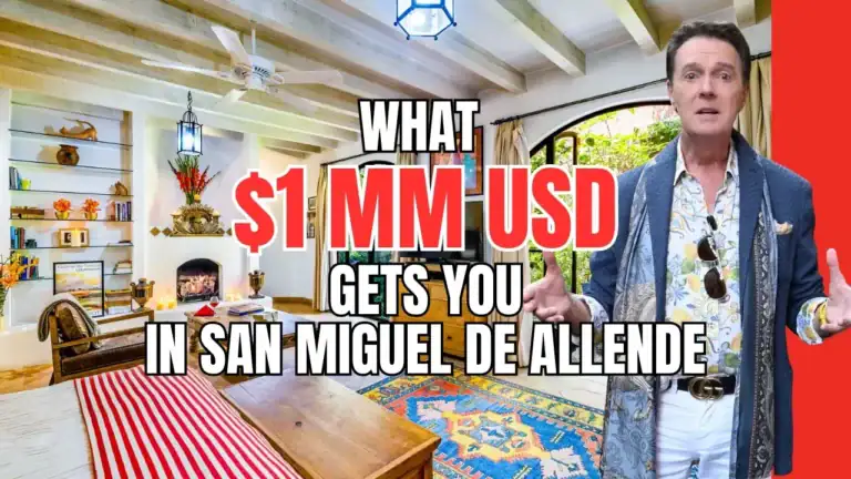 Video thumbnail: luxurious living room interior with a man in a blue blazer on the right; bold text reads 'What $1MM USD gets you in San Miguel de Allende' indicating a real estate/investment video.