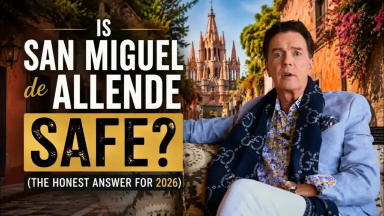 Thumbnail: man in a blue blazer seated on a bench with San Miguel de Allende's cathedral in the background; bold text asks, 'Is San Miguel de Allende Safe?'