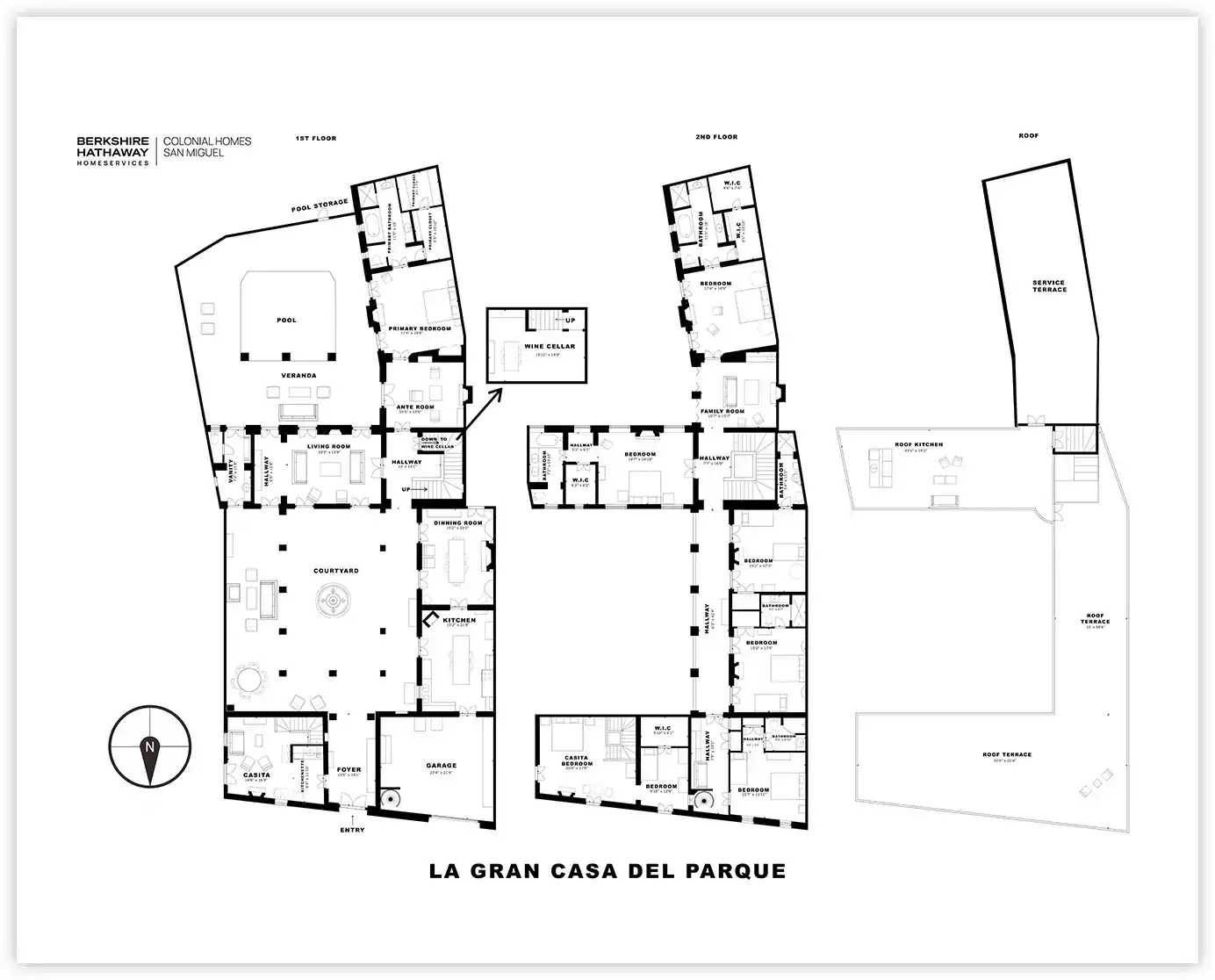 Architectural floor plan of La Gran Casa Del Parque showing two main levels with a central courtyard, pool area, and labeled rooms like living, dining, and bedrooms.