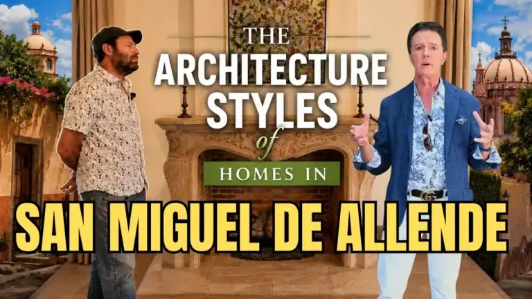 Video thumbnail: architecture styles of homes in San Miguel de Allende, with two men standing beside an ornate fireplace in a sunny courtyard.