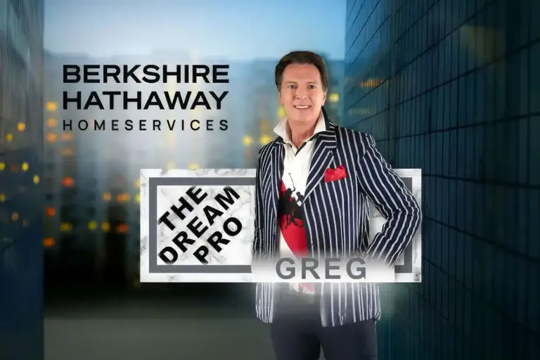 Promotional banner featuring Greg from The Dream Pro at Berkshire Hathaway HomeServices, standing in a city‑twilight background.