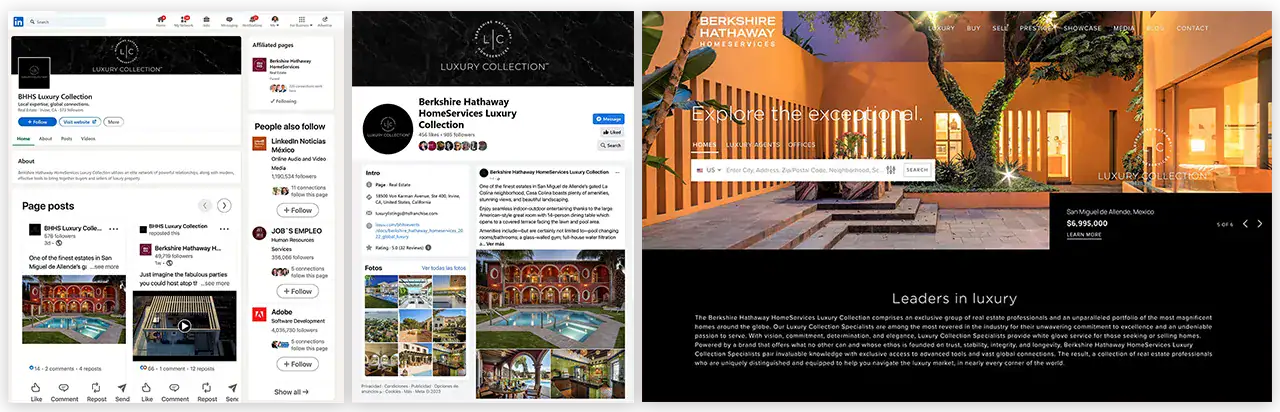 Collage of three web pages: LinkedIn profiles for Berkshire Hathaway Luxury Collection on the left, a social media preview in the center, and a luxury real estate homepage with warm architecture on the right