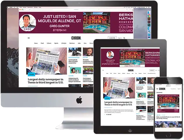 Multiple devices (desktop, tablet, and smartphone) display the same news site with a front-page layout and a purple banner headline at the top, illustrating responsive design across screens.