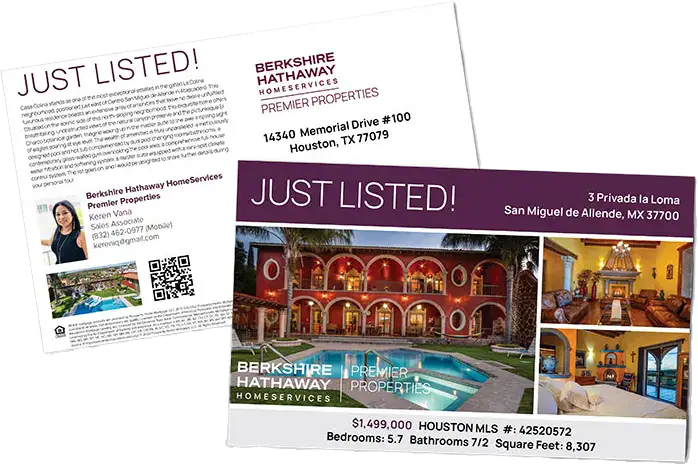 Just Listed postcards from Berkshire Hathaway HomeServices Premier Properties showing a home with a pool