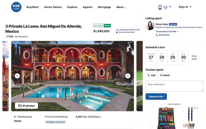 Property listing page showing a red villa with a pool, price $1,499,000, with property details and an agent panel on the right.