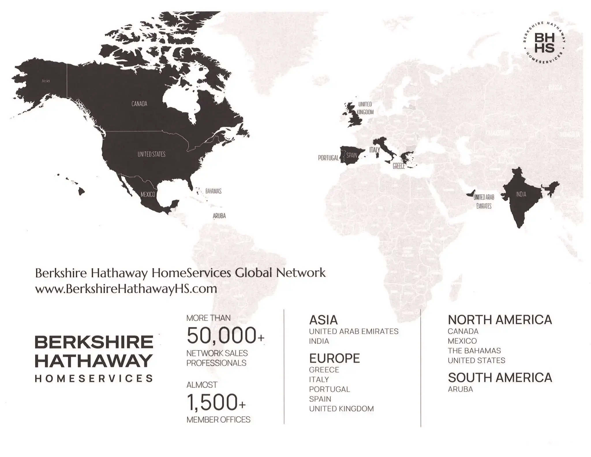 Global map highlighting Berkshire Hathaway HomeServices' network across the US, Europe, and beyond as a promotional infographic.