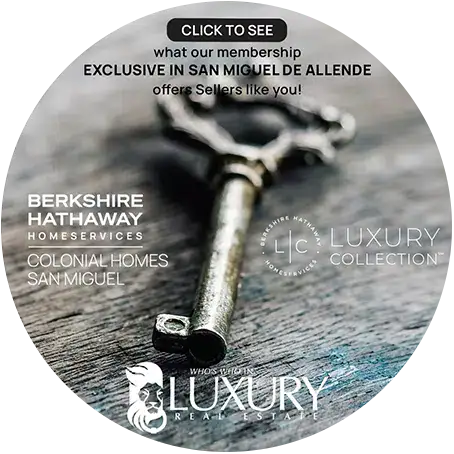 Circular promotional image with a close-up key on wood, inviting users to click to see exclusive membership offers for luxury real estate in San Miguel de Allende.