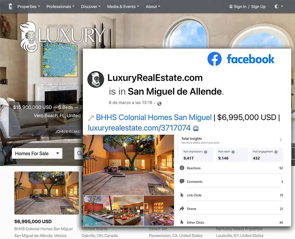 Real estate homepage for LuxuryRealEstate.com with a Facebook post overlay about San Miguel de Allende and property photos in the background