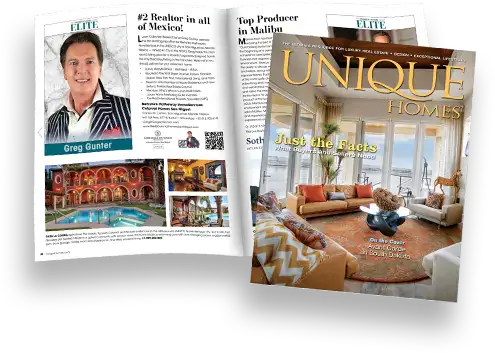 Collage of real estate magazines: 'Unique Homes' cover showing a luxury living room, plus a spread featuring Greg Gunter’s profile and property photos.