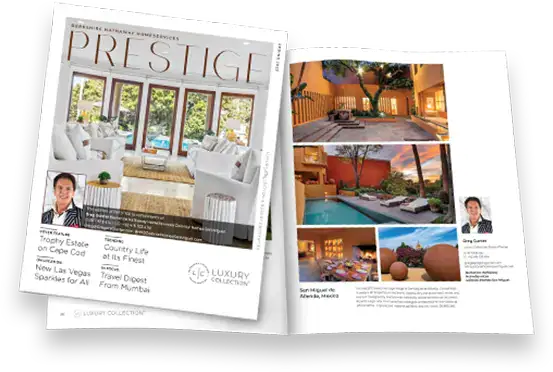 Cover of Prestige magazine with an open two-page spread showing modern living spaces and outdoor pool areas, emphasizing luxury interiors.