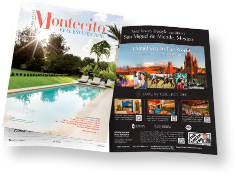 Two magazines fanned open; left cover reads Montecito Real Estates 2026 with a pool, right shows luxury lifestyle spreads on a dark back cover.