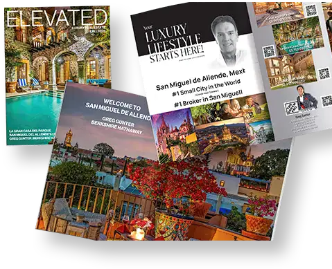 Luxury lifestyle magazine pages and flyers featuring San Miguel de Allende homes