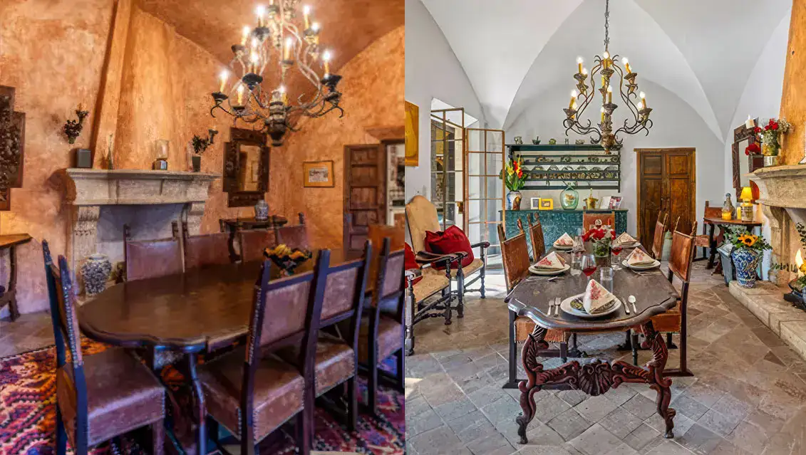Two dining rooms shown side by side: a rustic orange-walled room with a large wooden table and chandelier on the left; a bright white vaulted-ceiling room with a carved dining table set for six on the right.