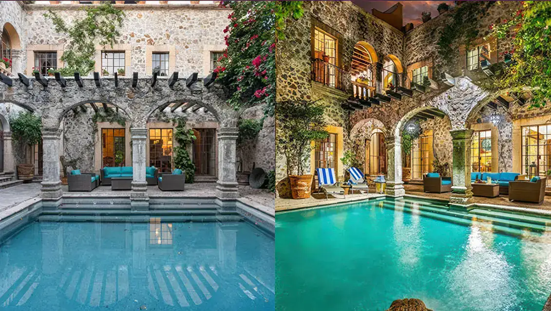Stone courtyard pool compared in two photos, one dim and one bright and professionally lit
