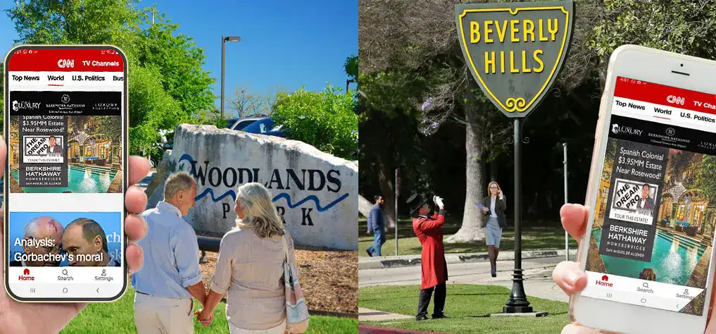 Collage of two hands holding smartphones showing the CNN news app, with park scenes including a Woodlands Park sign and a Beverly Hills sign in the background.
