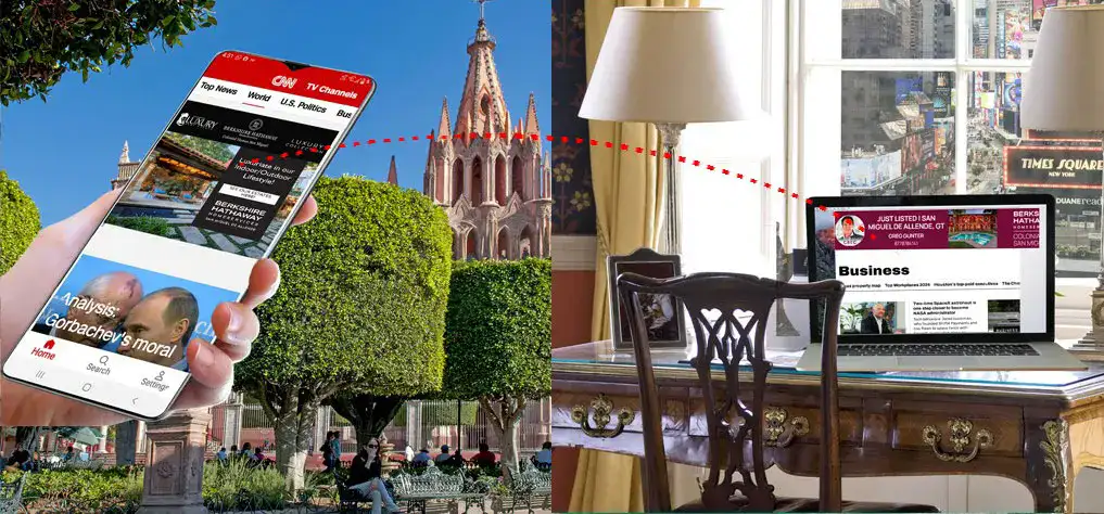 Split image: left side shows a hand holding a smartphone displaying a news app in a sunny park with a landmark in the background; right side shows a laptop on a desk with a news site on screen in a bright room.