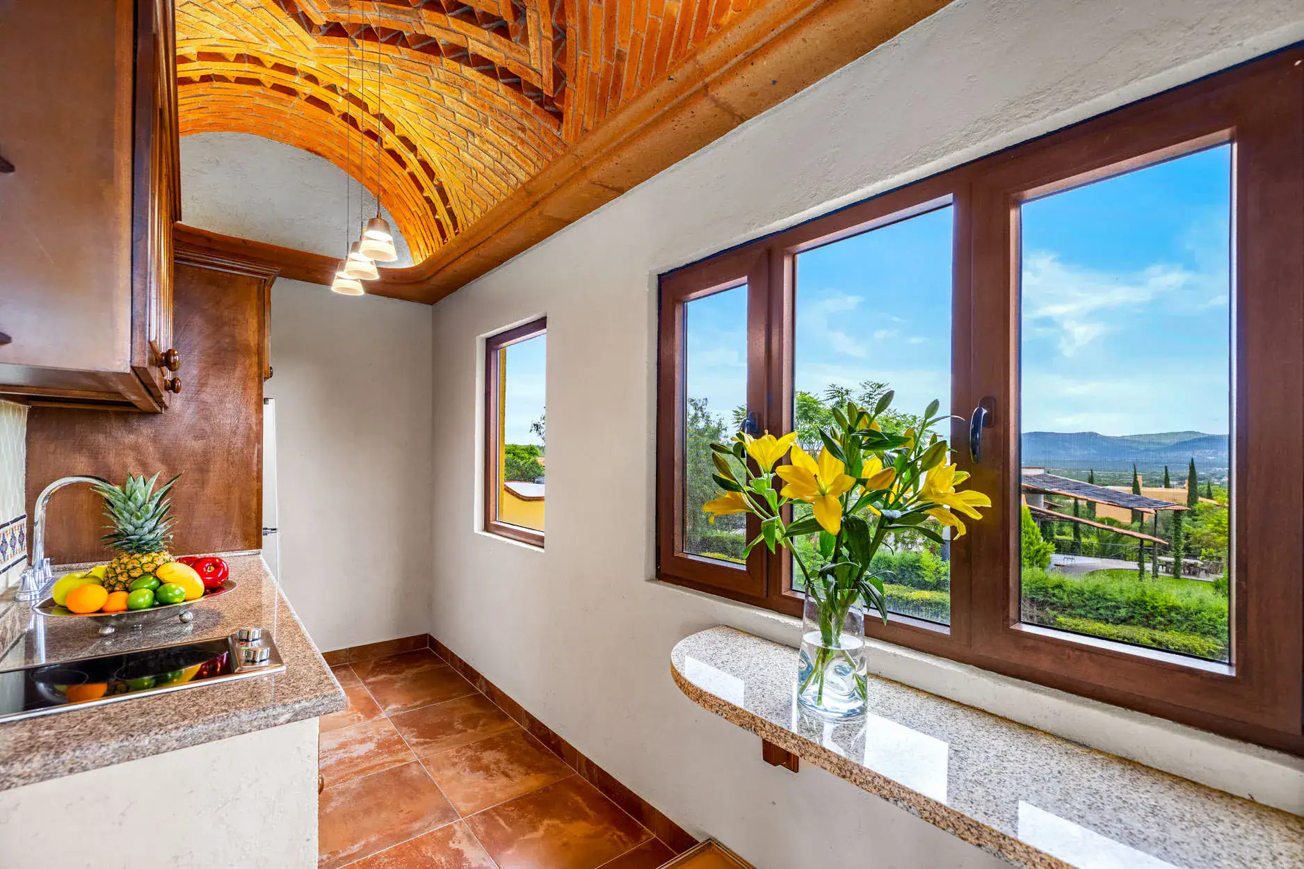 Kitchen with a brick vaulted ceiling, wooden cabinets, and a fruit bowl on the granite counter; a window sill holds a vase of yellow lilies, San Miguel de Allende