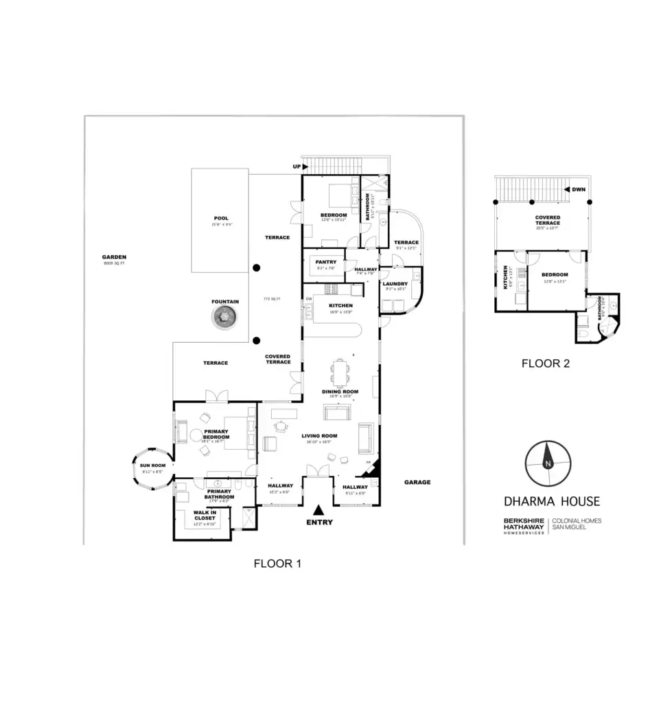 Two-floor architectural floor plan: Floor 1 with entry, living/dining rooms, kitchen, primary bedroom, sunroom, closets, and terraces; Floor 2 with bedrooms and covered terrace, San Miguel de Allende