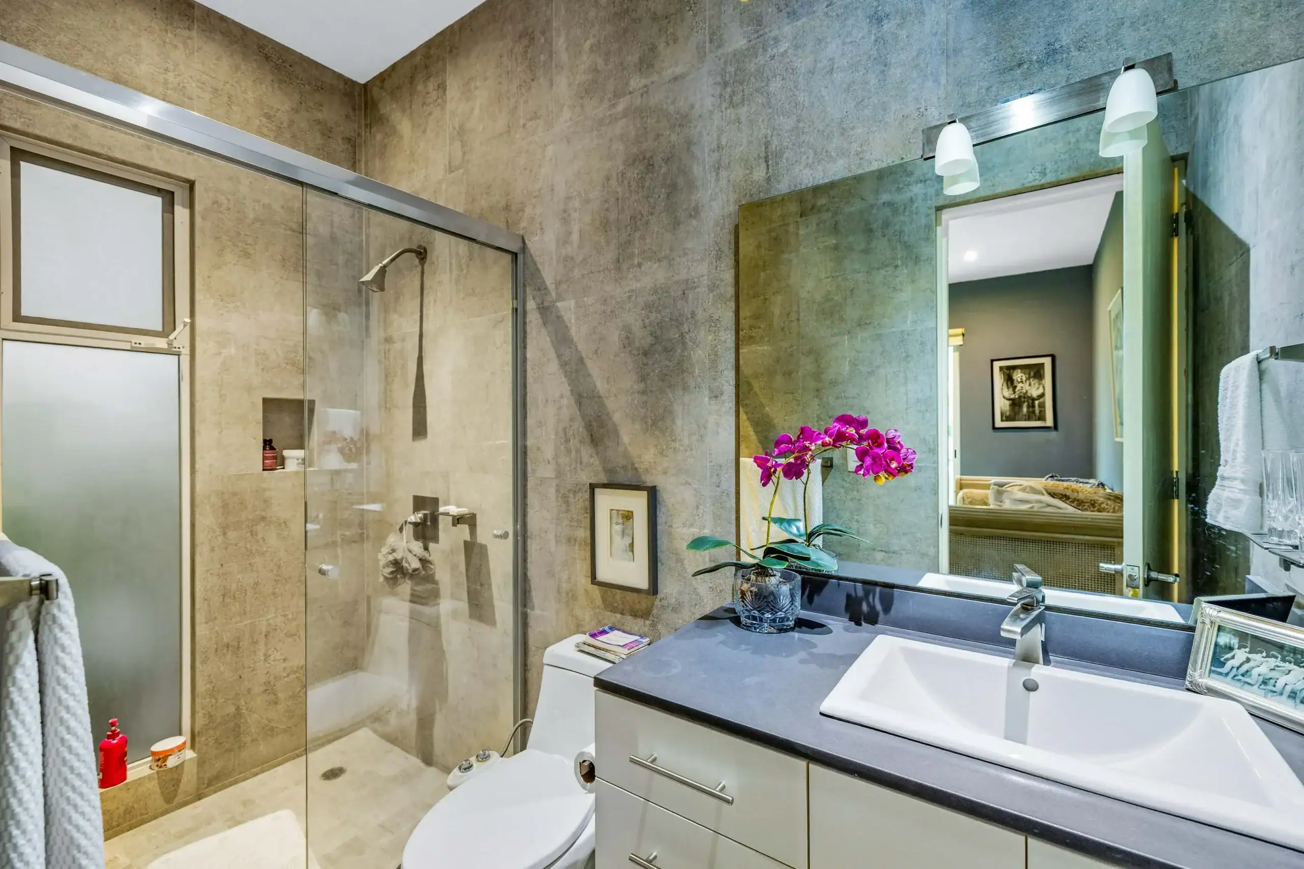 Modern bathroom with a glass-enclosed shower, dual sinks, and a large mirror reflecting a purple orchid plant on the counter, San Miguel de Allende