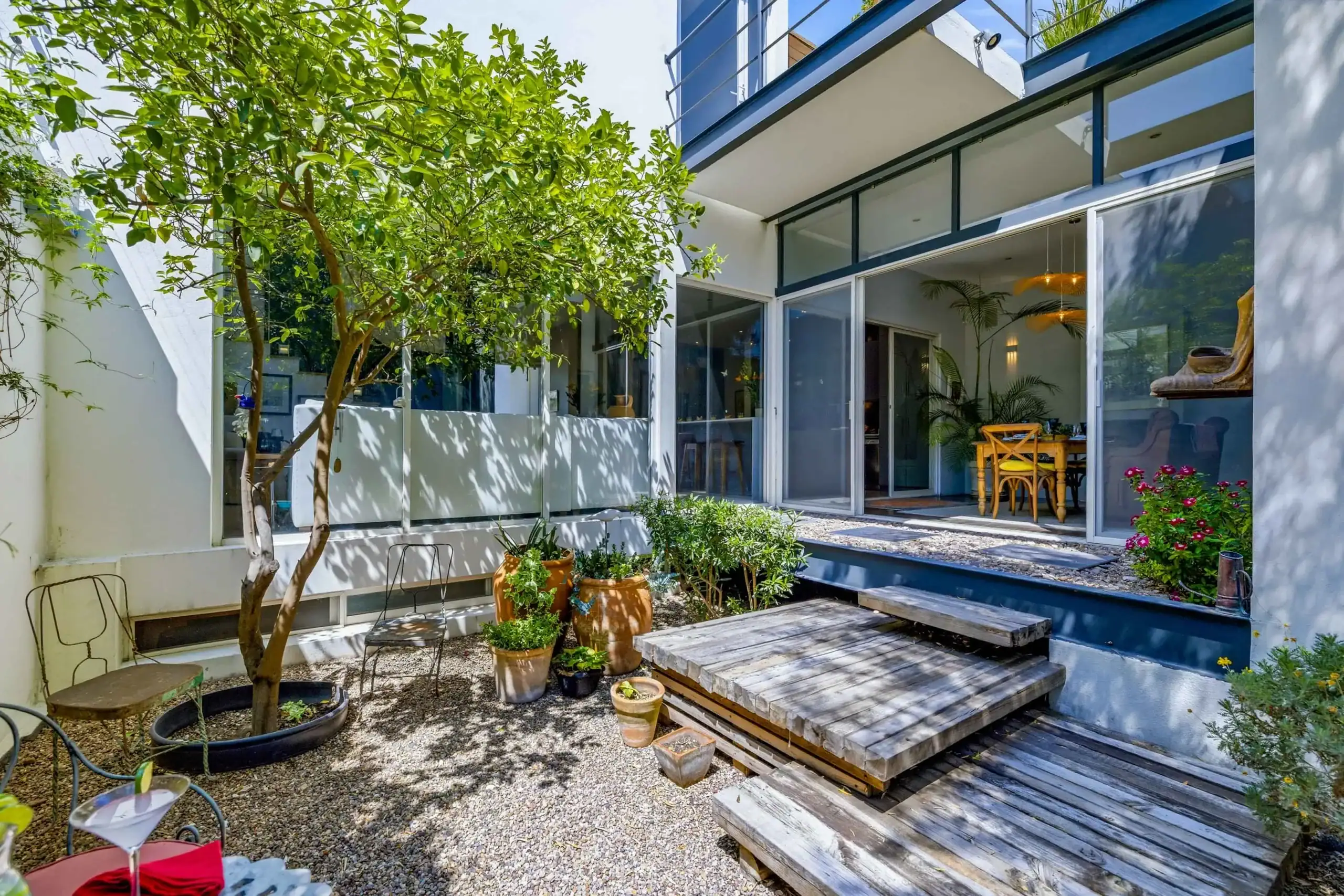 Outdoor patio of a modern house with glass walls, a wooden deck, and potted plants under a leafy tree, San Miguel de Allende