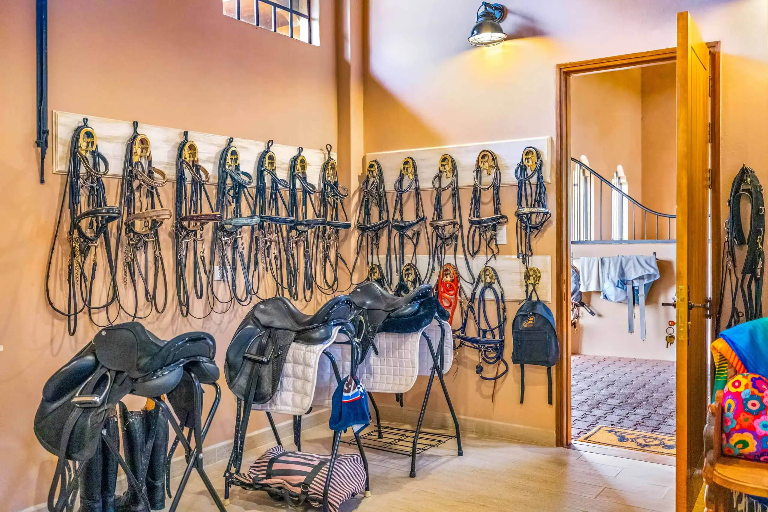 Equestrian tack room with rows of bridles and saddles hung on the wall, San Miguel de Allende