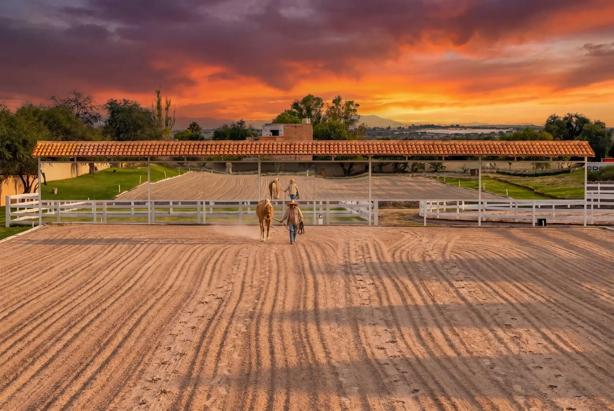 Two people lead a light brown horse across a sandy riding arena under an orange sunset, with a long tiled canopy and white fencing nearby, San Miguel de Allende