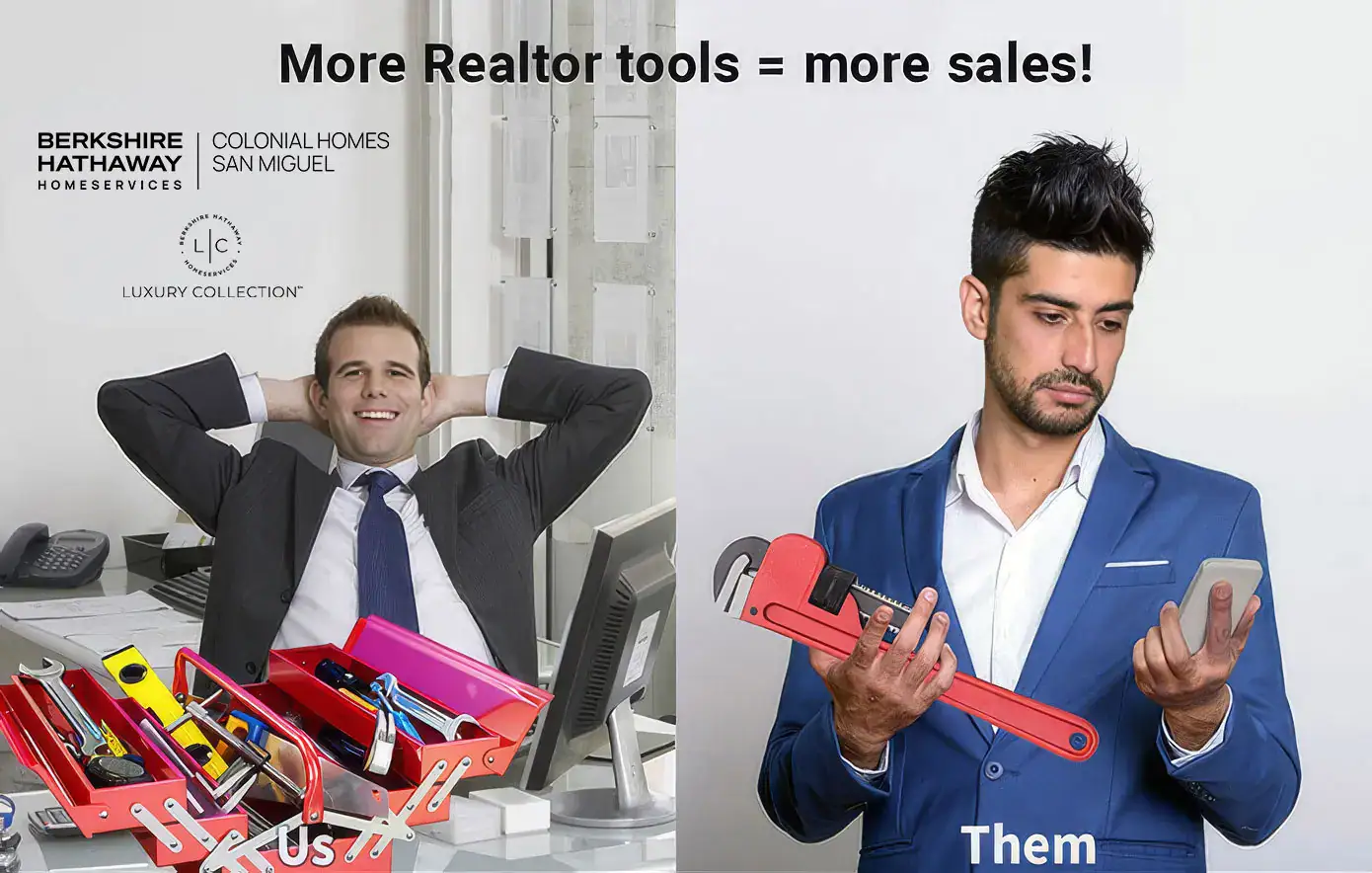 Split-screen real estate ad: left shows a smiling realtor with hands behind head and a tool-filled desk; right shows a serious realtor in a blue suit holding a red pipe wrench and a smartphone.