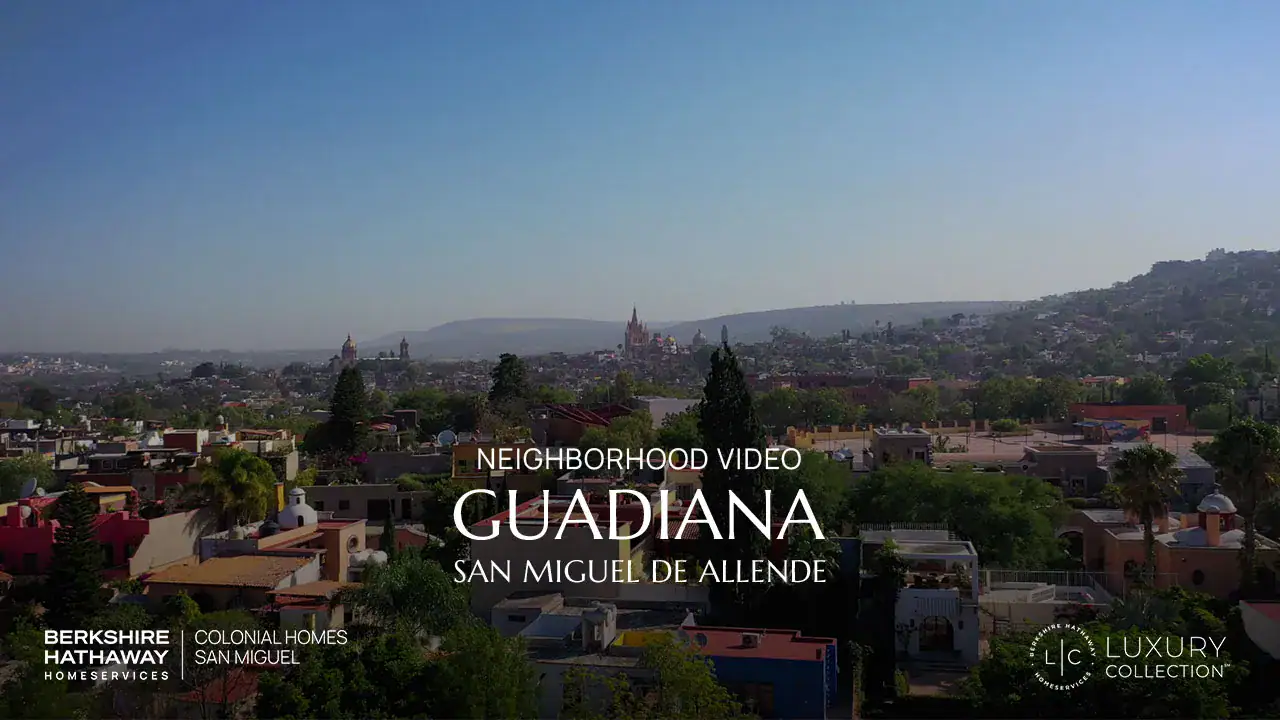 Aerial view of Guadiana in San Miguel de Allende with overlaid title and sponsor logos for a neighborhood video.