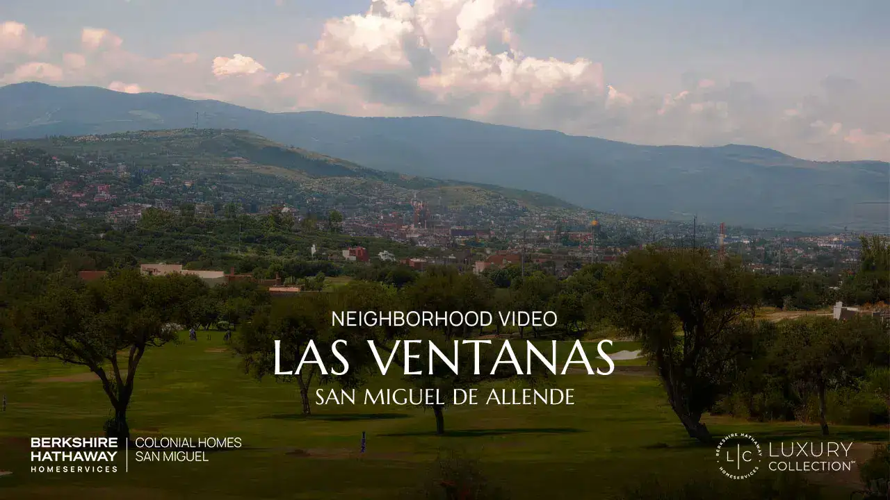 Video cover for Las Ventanas neighborhood in San Miguel de Allende, showing a grassy park and distant hills with overlaid title text and sponsor logos.