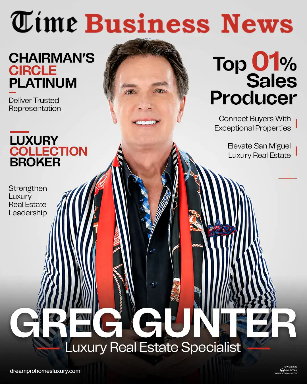 Magazine-style cover featuring Greg Gunter, Luxury Real Estate Specialist, in a striped blazer; bold cover lines advertise top-tier real estate leadership and sales achievements.