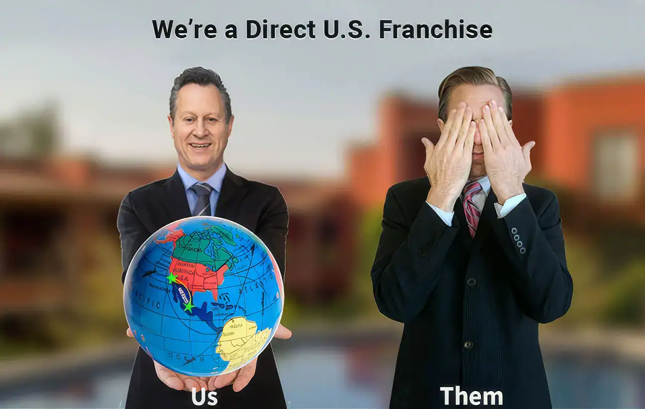Two suited men illustrate “us vs. them”: one holds a globe labeled US, the other covers his eyes labeled Them, with a franchise theme in the background.