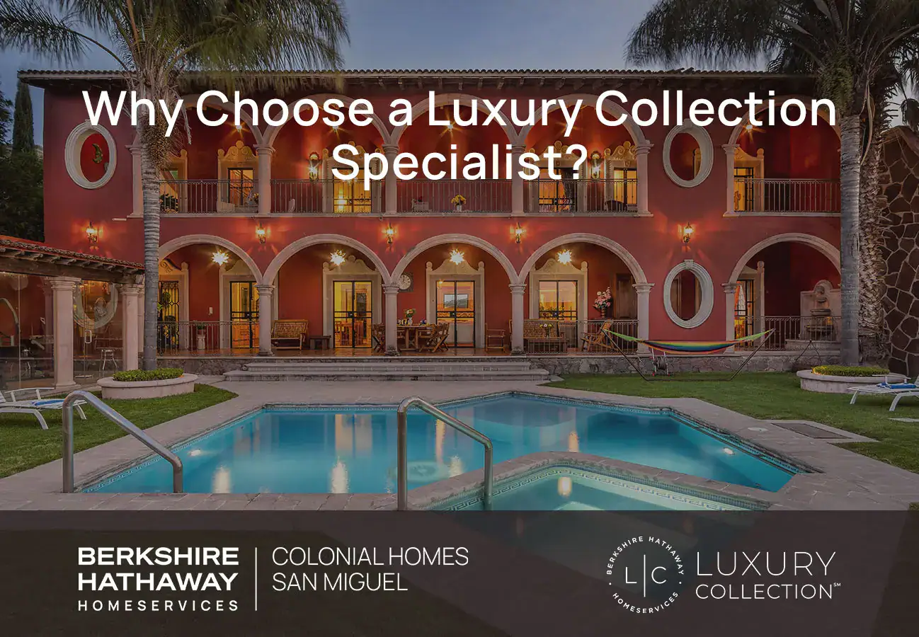 Luxurious red villa with a central pool and palm trees; overlay text reads “Why Choose a Luxury Collection Specialist?” on the image.