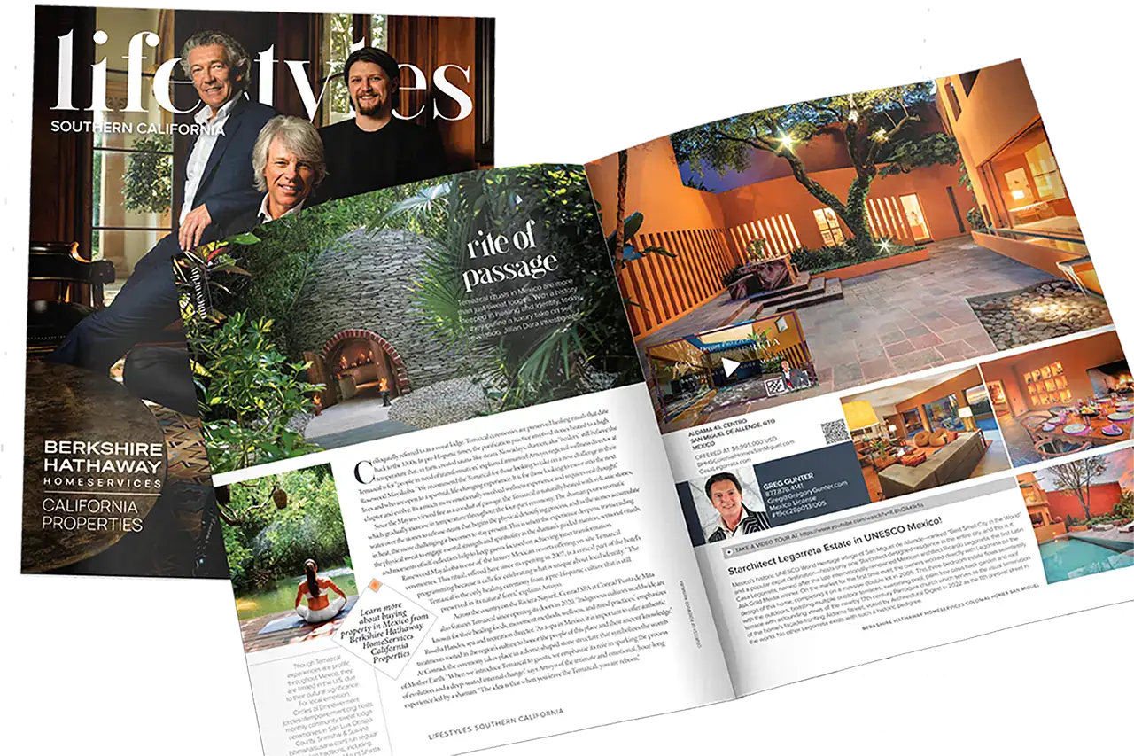Collage of a luxury real estate magazine spread with tropical courtyard, modern interiors, and people portraits; includes lifestyle headlines.