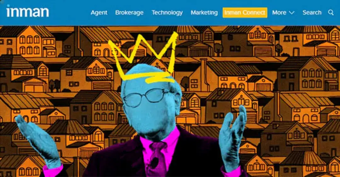 Blue-tinted man with glasses and a pink tie, wearing a yellow crown, gesturing with raised hands before an orange cartoon cityscape background.