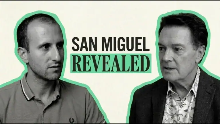 Black and white cutout of two men side by side, with the text 'San Miguel Revealed'