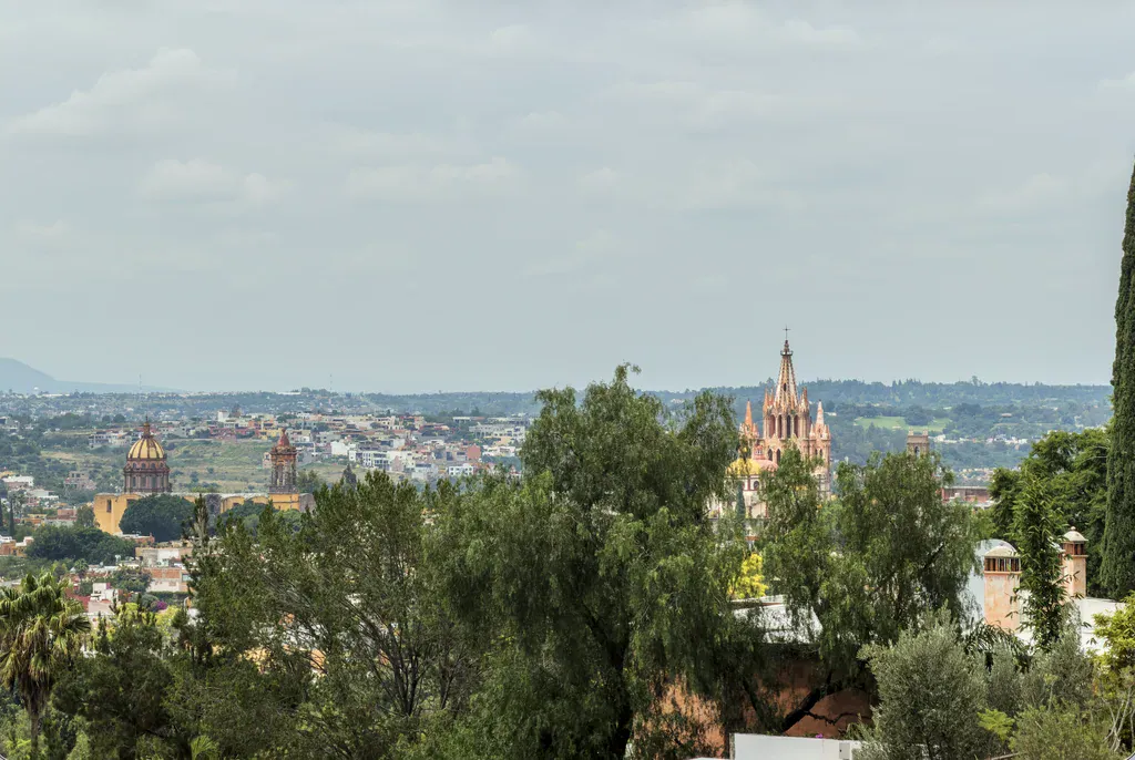 Casa del Arroyo, view of the Parroquia and the town through the trees, San Miguel de Allende
