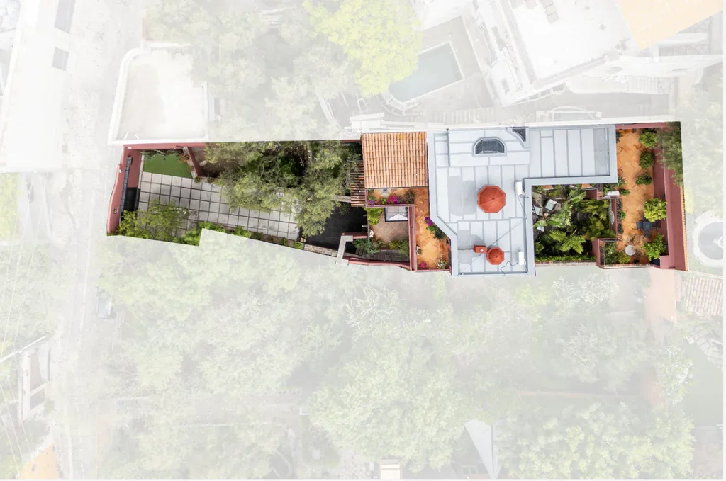 Casa del Arroyo, aerial plan view of the lot with its terraces and gardens, San Miguel de Allende